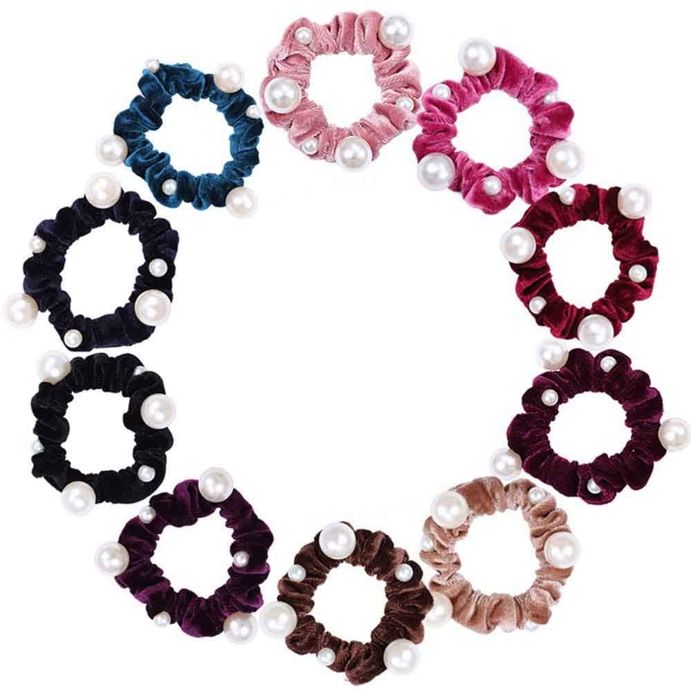 10 Pcs Velvet Elastic Hair Scrunchies Pearl Hair Bands Scrunchy Hair Ties Ropes Ponytail Holder with Pearl Hair Scrunchy