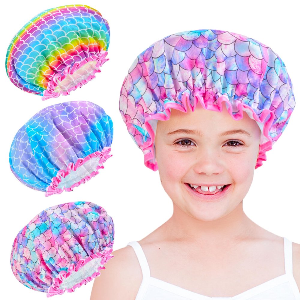 3 Pcs Kids Girls Toddler Shower Cap - Reusable Plastic Rainbow Unicorn Mermaid Hair Cap, Waterproof Adjustable Cute Head Cap for Children and Women