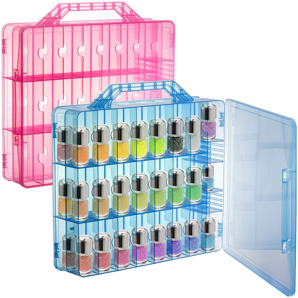 Foraineam 2 Pack Double Side Nail Polish Organizer Transparent Nail Tools Holder Box Portable Universal Nail Polish Carrying Case with 8 Adjustable Dividers for Storage Display
