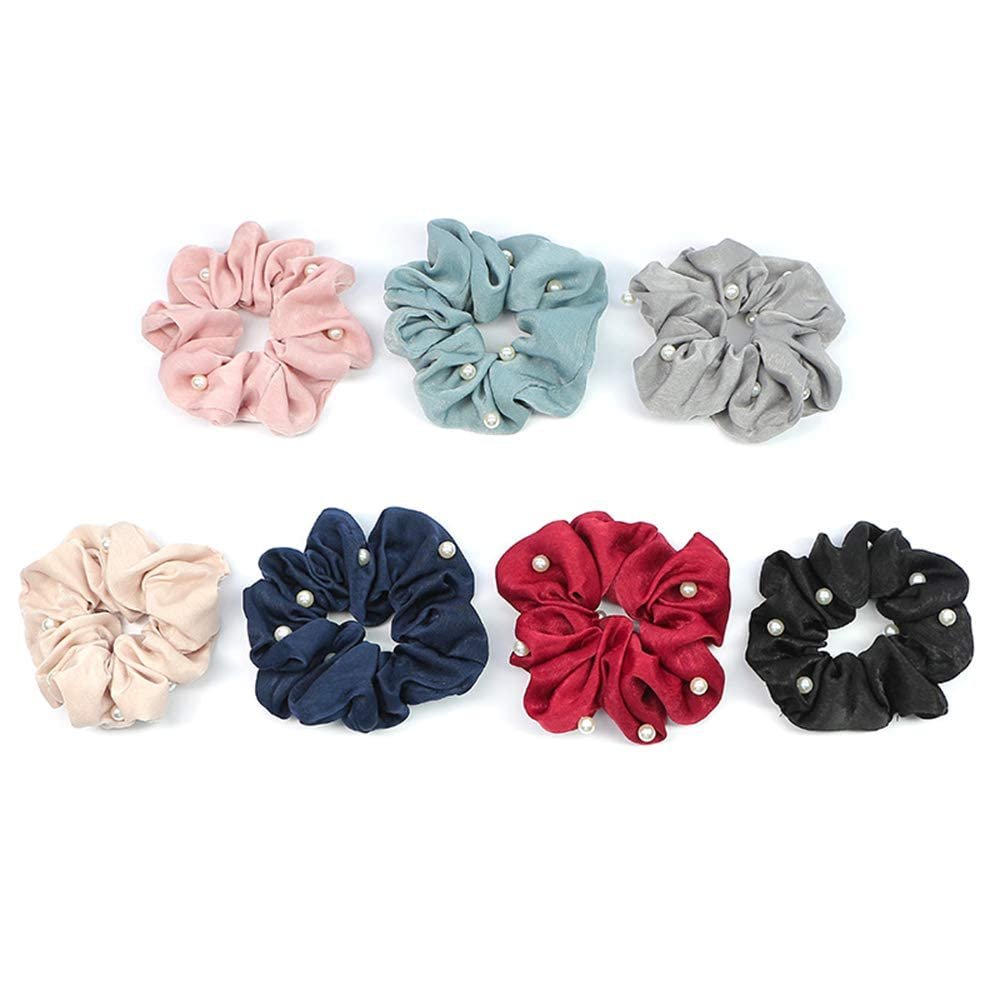 7 Pcs Elastic Hair Scrunchies PearlHair Bands Scrunchy Hair Ties with Pearl Solid Color Ponytail Holder Hair Scrunchy