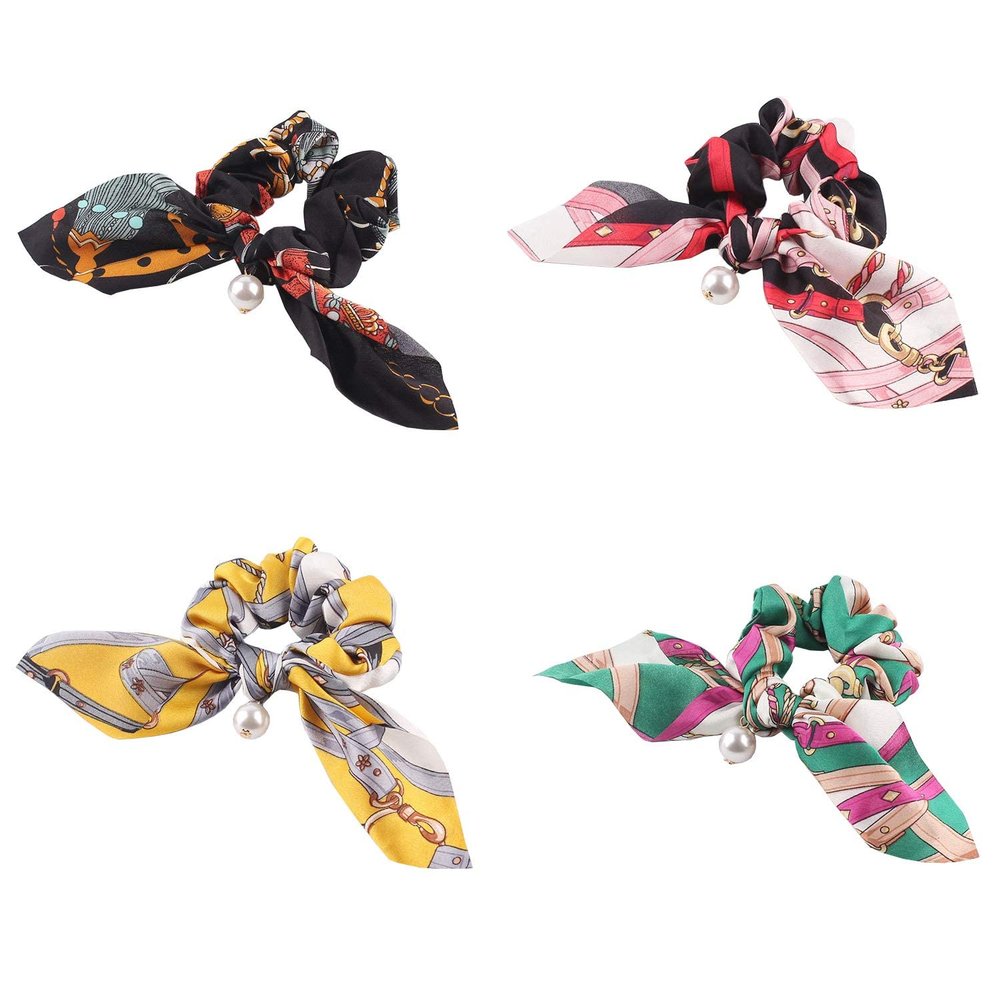 4 Pcs Chiffon Bowknot Hair Scrunchies Scarf Hair Ties Elastic Ponytail Holder Floral Hair Scrunchy Ropes Rabbit Bunny Ear Hair Bands