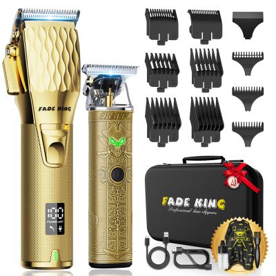 FADEKING Professional Hair Clippers & Beard Trimmer Set for Men Cordless Barber Clippers with LCD Display, Precision Trimmer & Travel Case Gifts for Men Husband Father (Gold + Bronze)