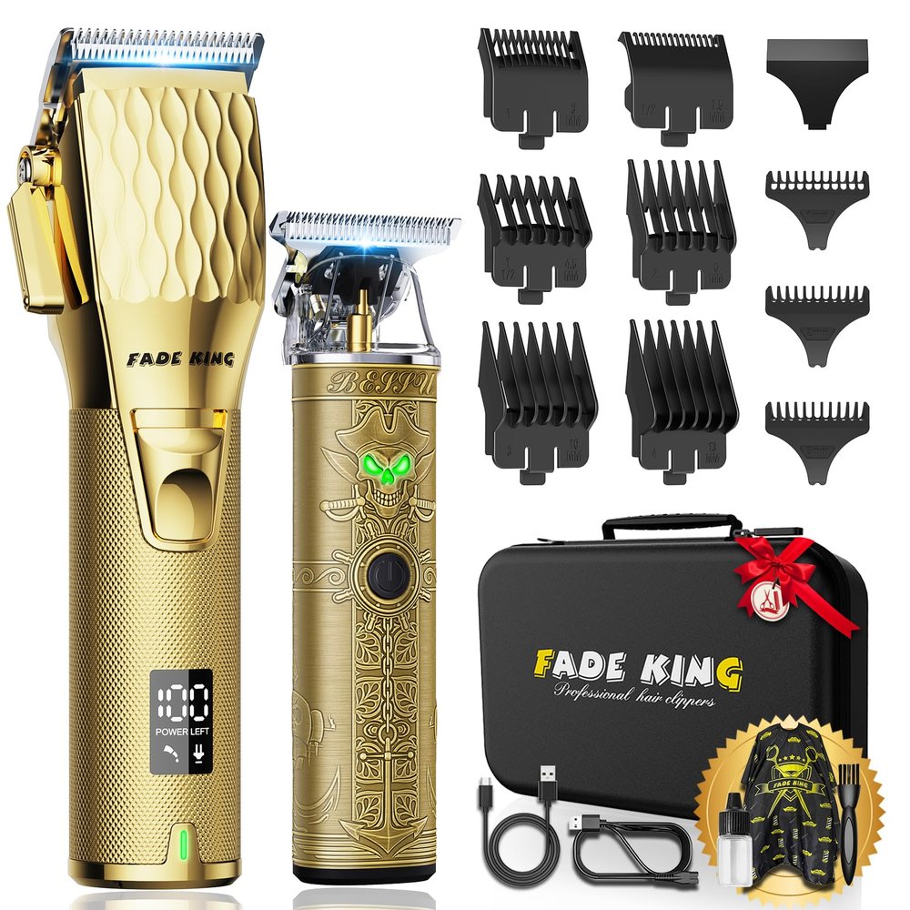 FADEKING Professional Hair Clippers & Beard Trimmer Set for Men Cordless Barber Clippers with LCD Display, Precision Trimmer & Travel Case Gifts for Men Husband Father (Gold + Bronze)