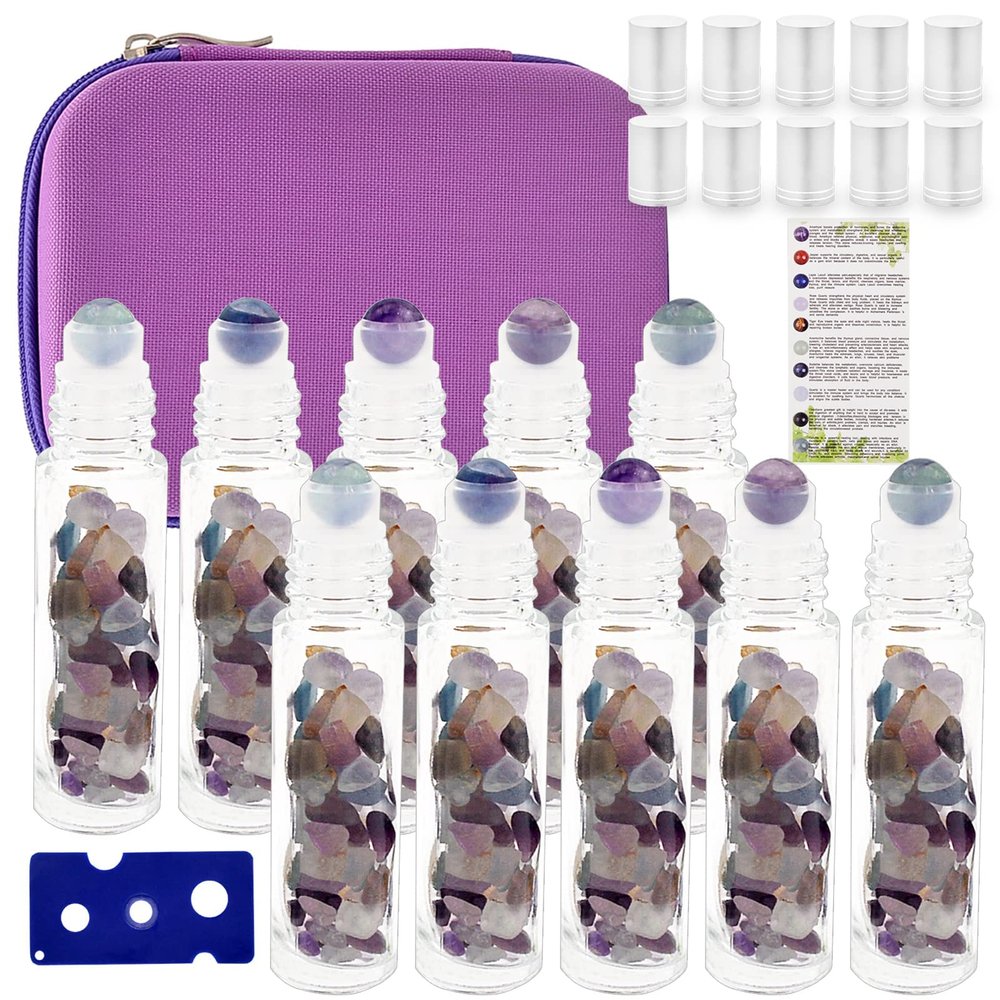 Essential Oil Roller Bottle EVA Carrying Travel Case and 10pcs Essential Oil Gemstone Roller Ball Bottles Frosted Glass Inside 10ml Healing Crystal Chips Feng Shui Roller (Fluorite)