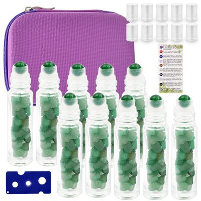 Essential Oil Roller Bottle EVA Carrying Travel Case and 10pcs Essential Oil Gemstone Roller Ball Bottles Frosted Glass Inside 10ml Healing Crystal Chips Feng Shui Roller (Green aventurine)