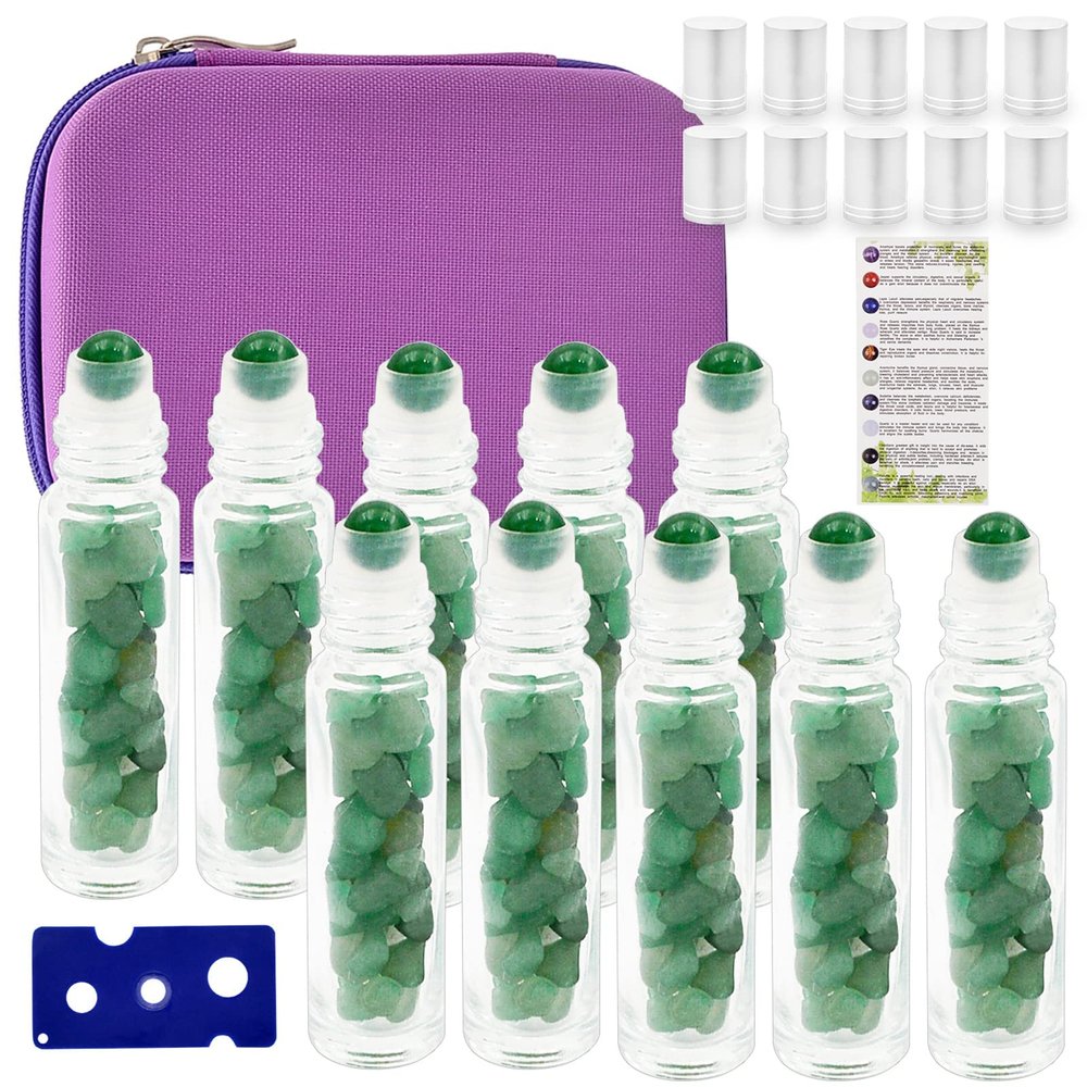 Essential Oil Roller Bottle EVA Carrying Travel Case and 10pcs Essential Oil Gemstone Roller Ball Bottles Frosted Glass Inside 10ml Healing Crystal Chips Feng Shui Roller (Green aventurine)