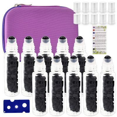Fengshuibringluck Essential Oil Roller Bottle EVA Carrying Travel Case and 10pcs Essential Oil Gemstone Roller Ball Bottles Frosted Glass Inside 10ml Healing Crystal Chips Feng Shui Roller (Obsidian)