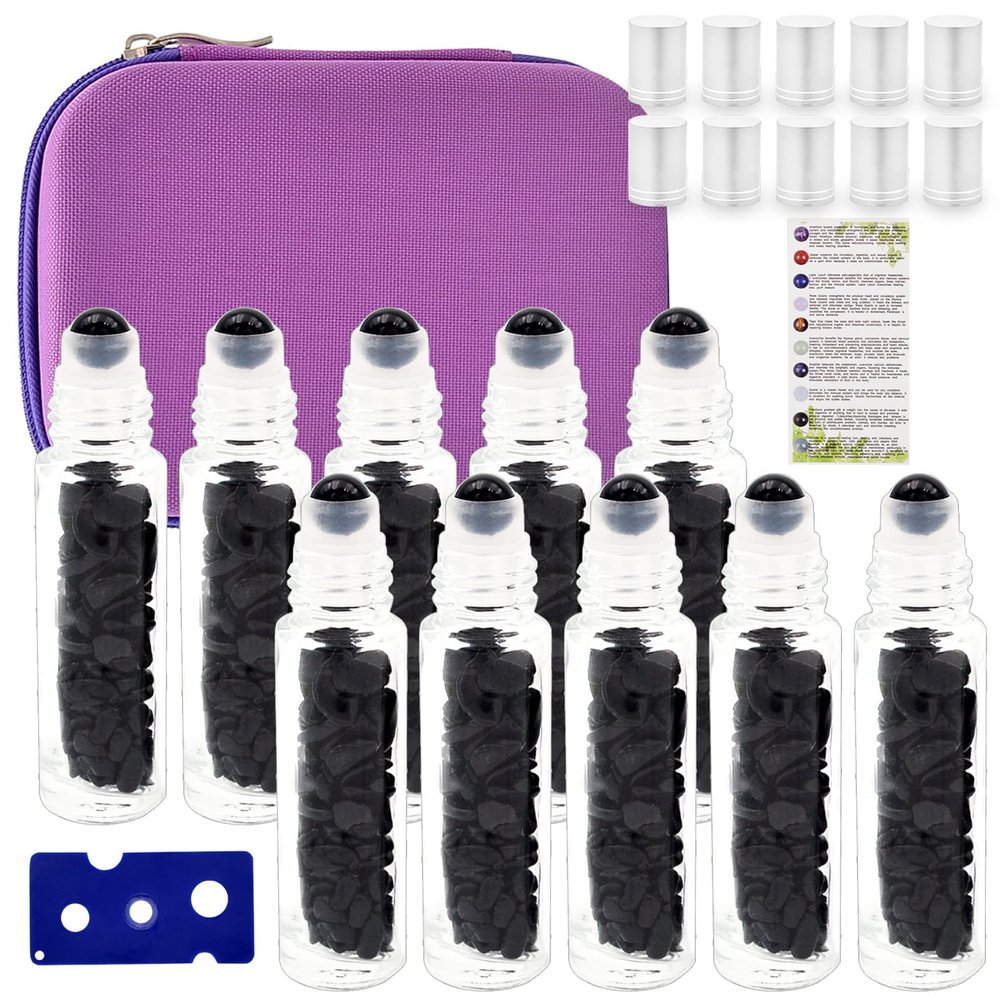Fengshuibringluck Essential Oil Roller Bottle EVA Carrying Travel Case and 10pcs Essential Oil Gemstone Roller Ball Bottles Frosted Glass Inside 10ml Healing Crystal Chips Feng Shui Roller (Obsidian)