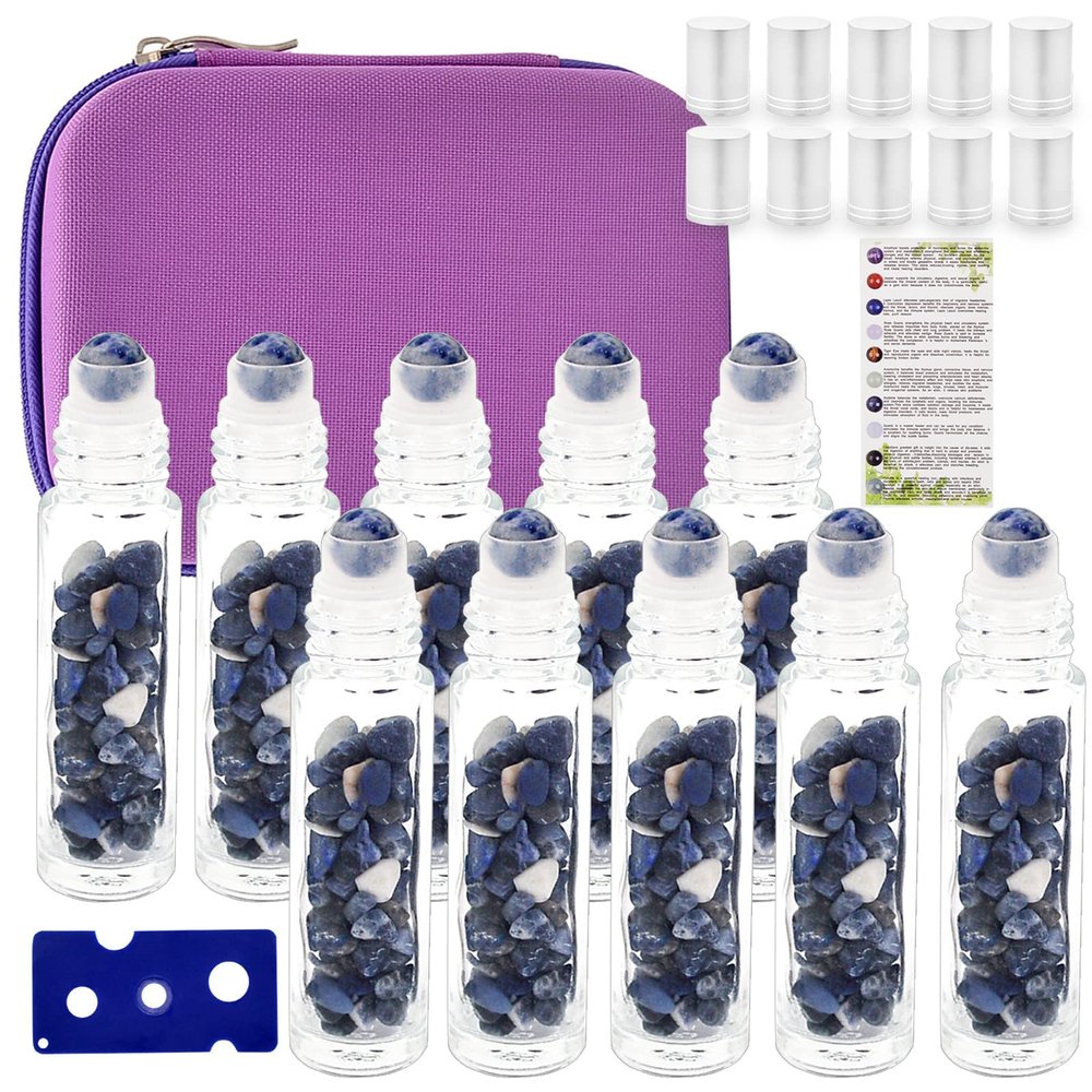 Essential Oil Roller Bottle EVA Carrying Travel Case and 10pcs Essential Oil Gemstone Roller Ball Bottles Frosted Glass Inside 10ml Healing Crystal Chips Feng Shui Roller (Bluestone)