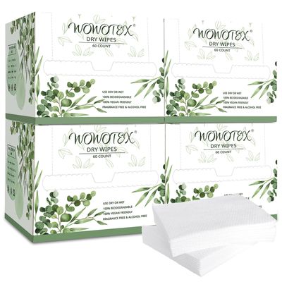 WOWOTEX Disposable Face Towel Biodegradable Large Dry Face Wipes 240 Count/4 Box Extra Thick Soft Clean Facial Towels for Sensitive Skin, Makeup Removing, Facial Cleansing, Nursing, Travel, 10"12"