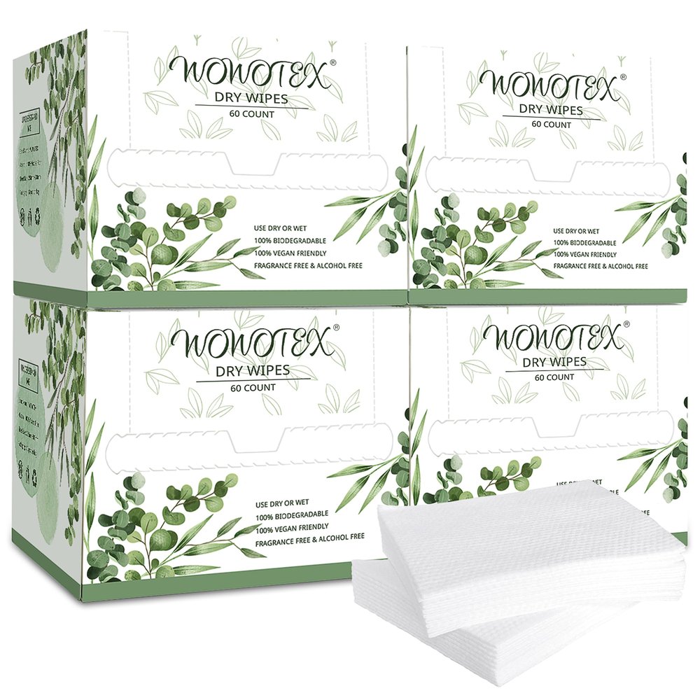WOWOTEX Disposable Face Towel Biodegradable Large Dry Face Wipes 240 Count/4 Box Extra Thick Soft Clean Facial Towels for Sensitive Skin, Makeup Removing, Facial Cleansing, Nursing, Travel, 10"12"