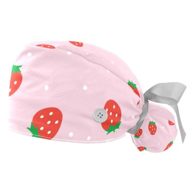 2 Pack Red Strawberry Patterns Adjustable Working Cap with Button,Women Working Hat Sweatband,Ponytail Pouch Tie Back Hats