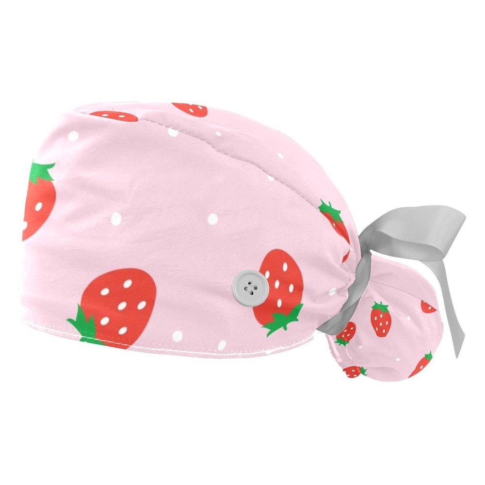 2 Pack Red Strawberry Patterns Adjustable Working Cap with Button,Women Working Hat Sweatband,Ponytail Pouch Tie Back Hats