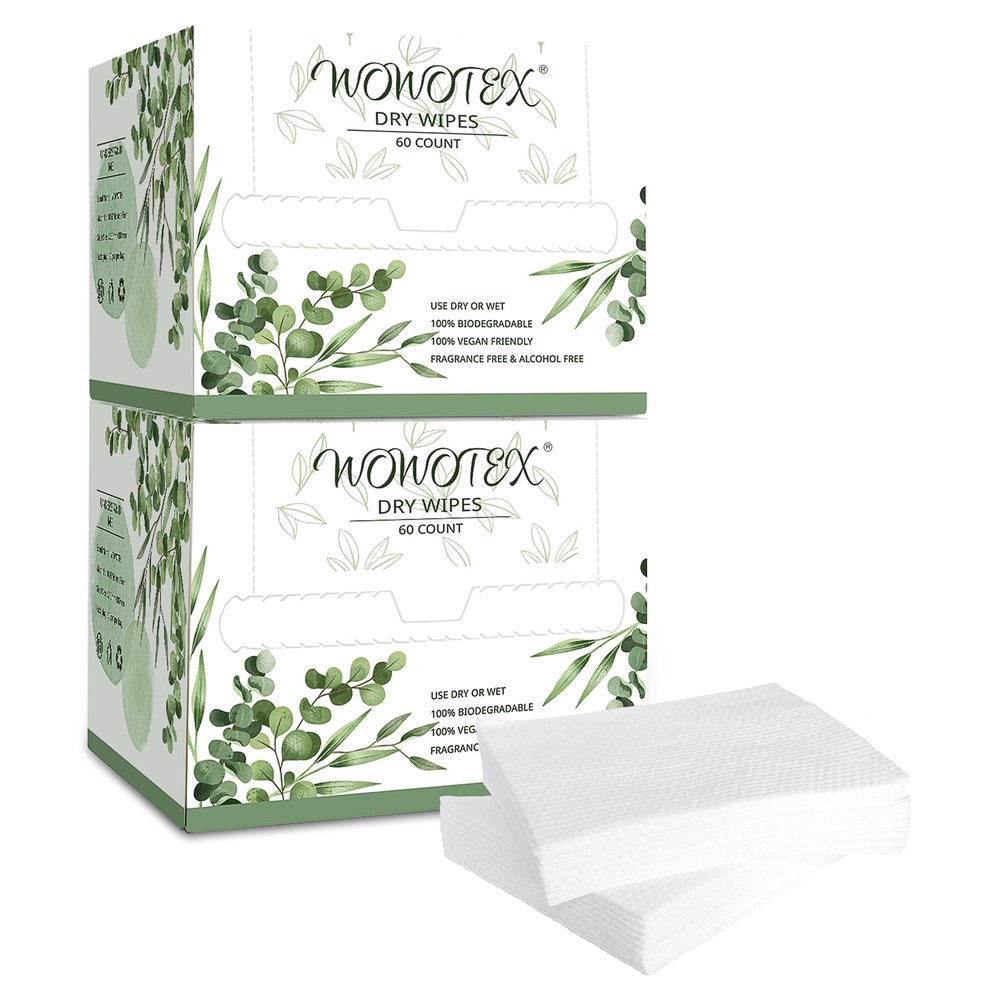 WOWOTEX Disposable Face Towel Biodegradable Large Dry Face Wipes 120 Count/2 Box Extra Thick Soft Clean Facial Towels for Sensitive Skin, Makeup Removing, Facial Cleansing, Nursing, Travel, 10"12"