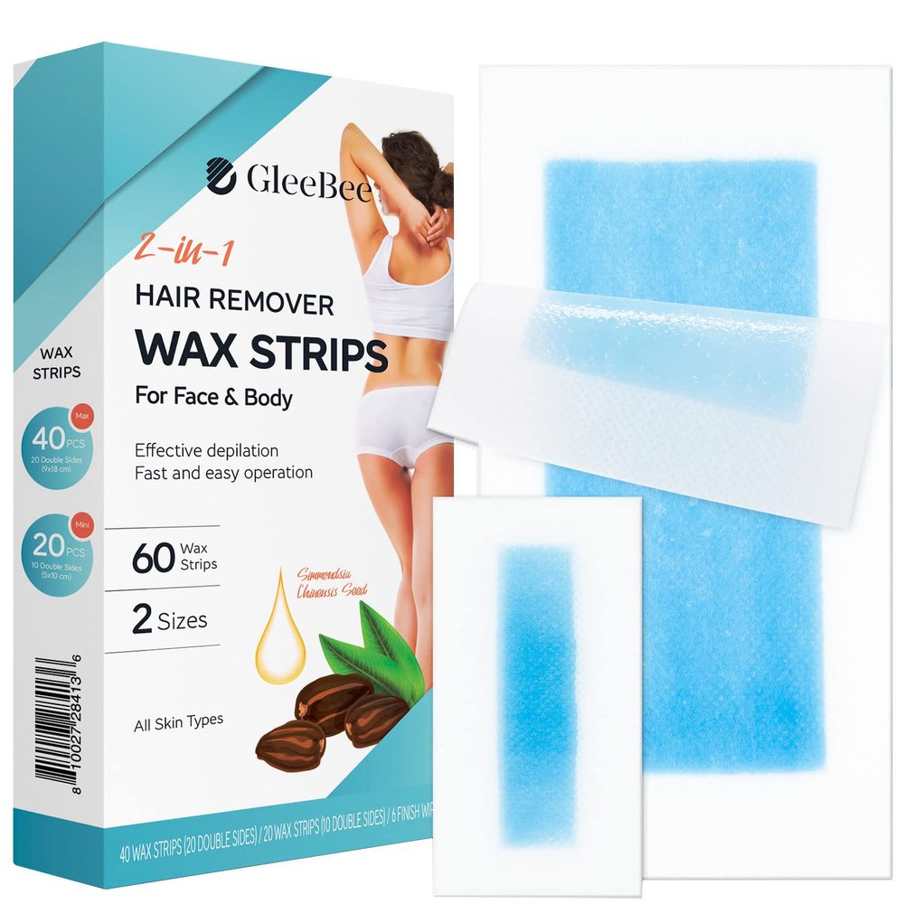 Gleebee Wax Strips 60 counts, Waxing Strips, for Hair Removal, kit including 40 Body trips and 20 Facial Removal Face, Arms, Legs, Underarms, Bikini, Bikini Women, Piece Assortment, 1
