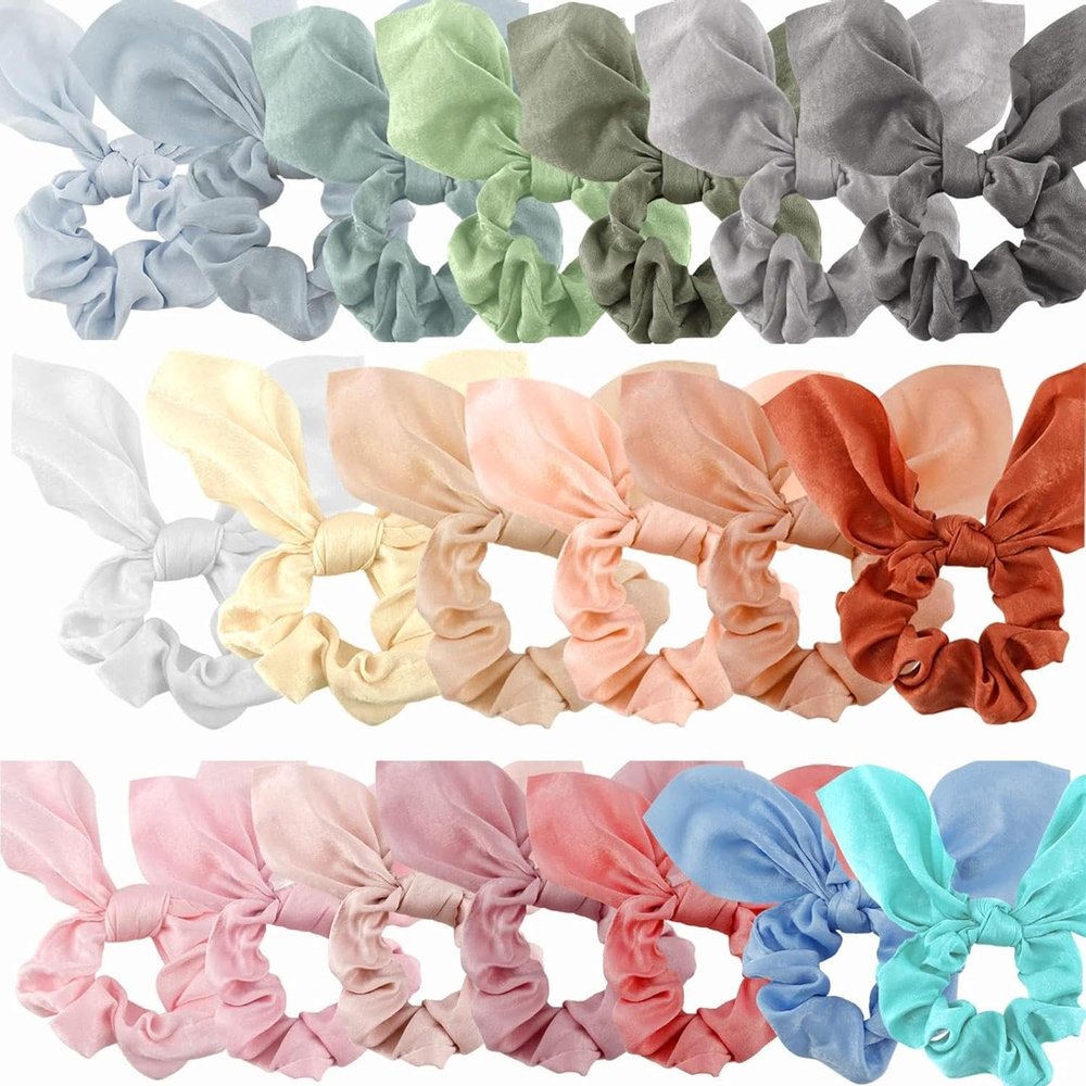 ACO-UINT 20 Pack Hair Scrunchies for Girls and Women, Satin Scrunchies for Thick Hair with Bow, Bunny Ear Scrunchies, Summer Hair Accessories, 20 Solid Color Options