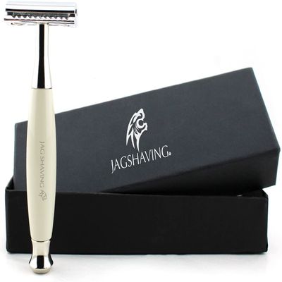 Jag Shaving Safety Razor Set - Double Edge Safety Razor Blades - Leather Case - for Safety Razor - for Men and Women - Travel Slicer - White Colour