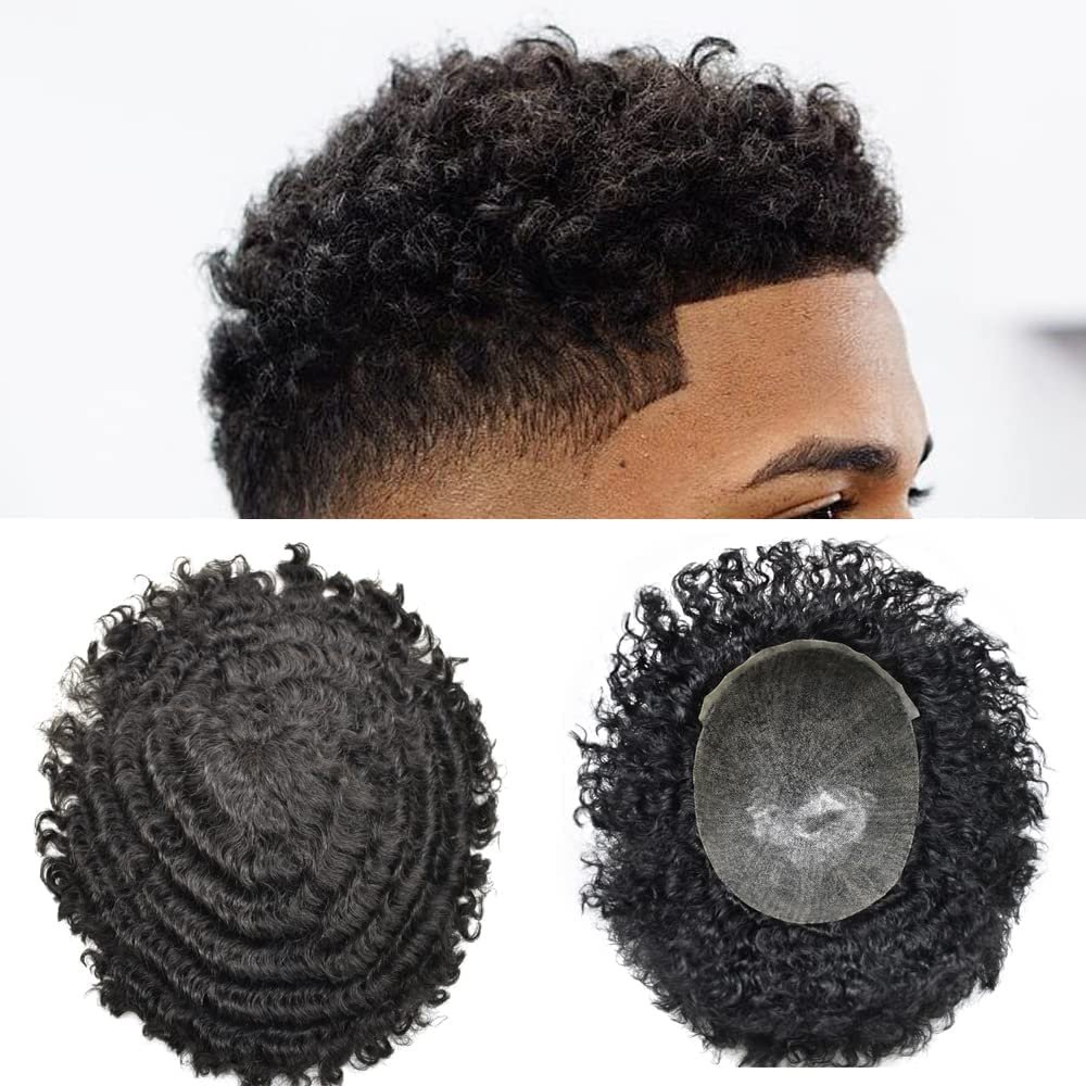 Afro Hairpieces For Black Men Kinky Curly Injected Poly Skin Toupee For Black Men 8X10 Inch 100% Human Hair Units For African American Men Afro Wave Hair Replacement Systems For Black Men. (10MM AFRO WAVE, 1# Jet Black)