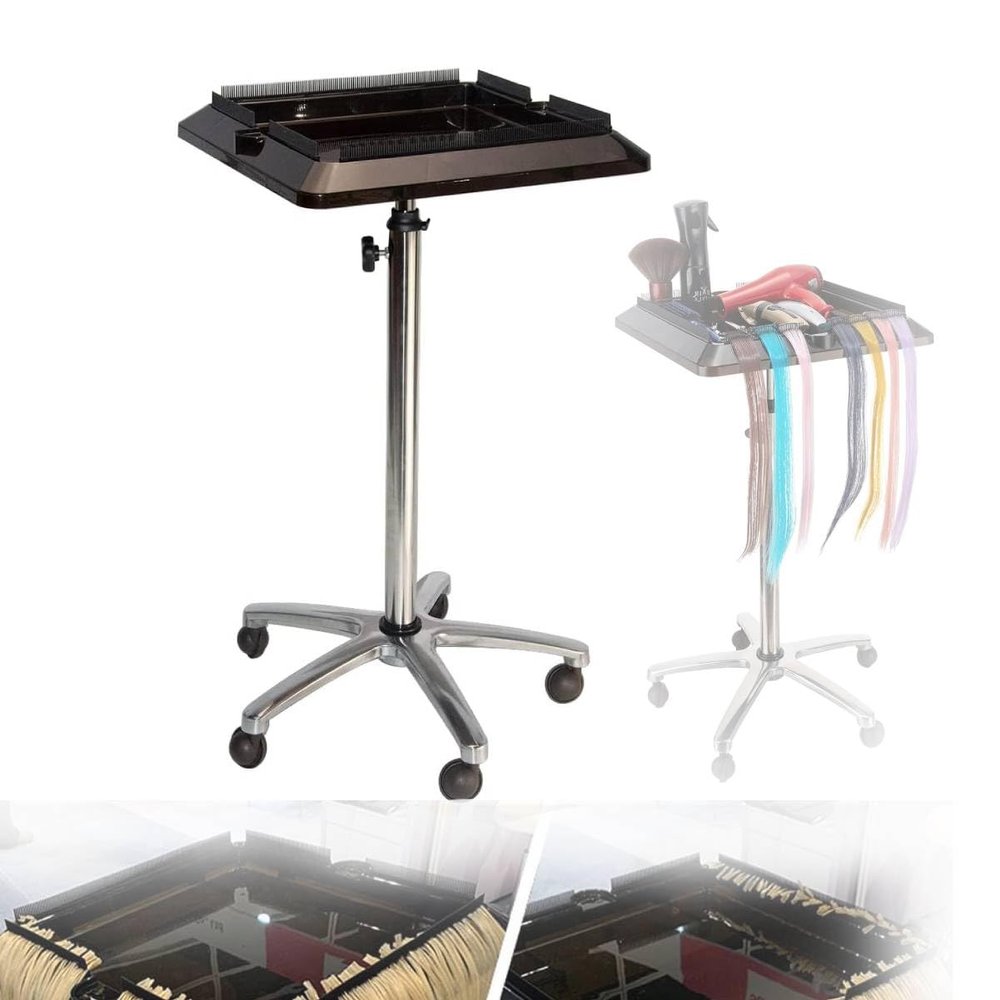 Salon Tray on Wheels, Stainless Steel Salon Tray Cart Adjustable Height Storage Tray, Hair Extension Tool Tray Cart Height Adjust Movable Hairdressing Cart Tool Holders Stand for Hair Salon