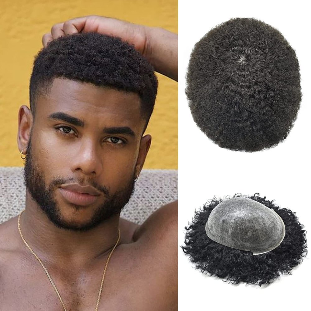 Afro Hairpieces For Black Men Kinky Curly Injected Poly Skin Toupee For Black Men 8X10 Inch 100% Human Hair Units For African American Men Afro Wave Hair Replacement Systems For Black Men. (8MM AFRO WAVE, 1# Jet Black)
