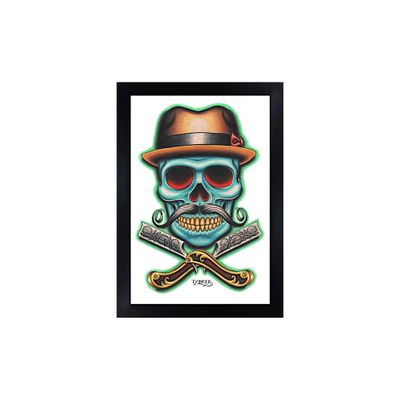 Barber Skull by Tyler Bredeweg Skull With Hat & Razors Traditional Tattoo Barber Shop Art Framed Art Print Ready to Hang
