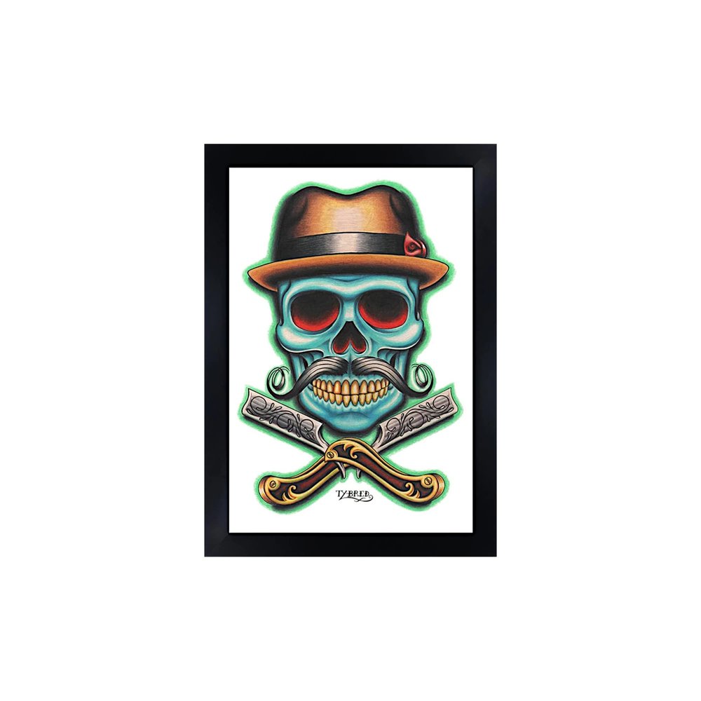 Barber Skull by Tyler Bredeweg Skull With Hat & Razors Traditional Tattoo Barber Shop Art Framed Art Print Ready to Hang