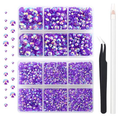 AUREHEN 10000PCs 2-6MM Jelly Deep Purple AB Resin Flat Back Rhinestones, Round Non Hotfix Resin Rhinestones Nail Gems Stones with Tweezer & Picker Pen for Tumblers Nail Art & DIY Decoration
