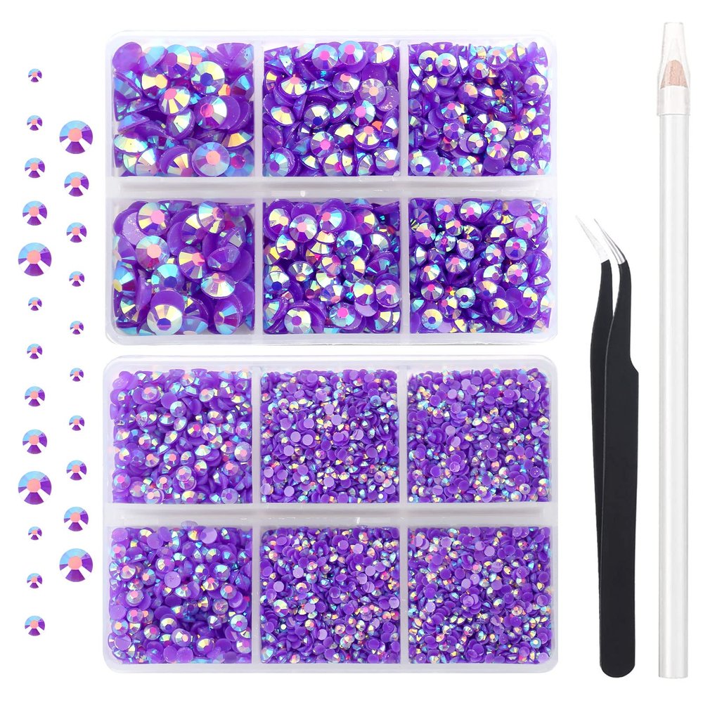 AUREHEN 10000PCs 2-6MM Jelly Deep Purple AB Resin Flat Back Rhinestones, Round Non Hotfix Resin Rhinestones Nail Gems Stones with Tweezer & Picker Pen for Tumblers Nail Art & DIY Decoration