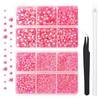 AUREHEN 10000PCs 2-6MM Jelly Deep Pink AB Resin Flat Back Rhinestones, Round Non Hotfix Resin Rhinestones Nail Gems Stones with Tweezer & Picker Pen for Tumblers Nail Art & DIY Decoration