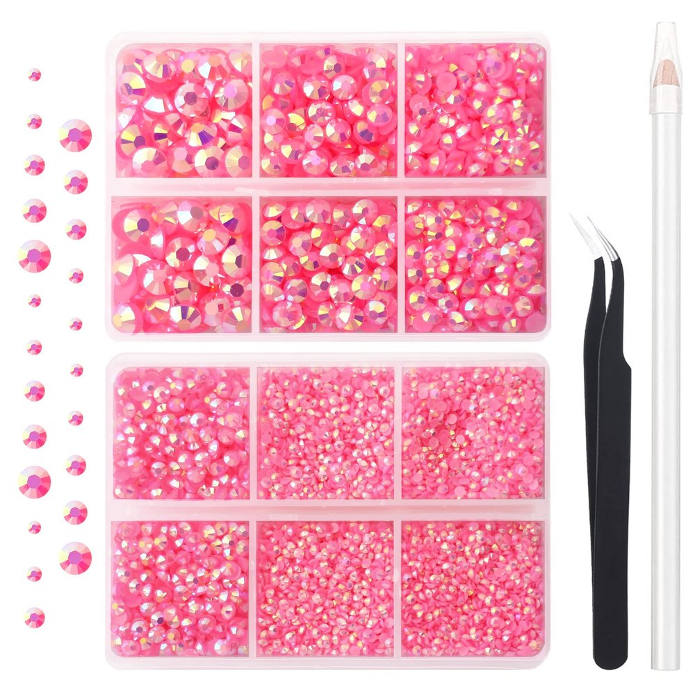 AUREHEN 10000PCs 2-6MM Jelly Deep Pink AB Resin Flat Back Rhinestones, Round Non Hotfix Resin Rhinestones Nail Gems Stones with Tweezer & Picker Pen for Tumblers Nail Art & DIY Decoration