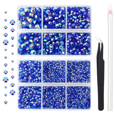 AUREHEN 10000PCs 2-6MM Jelly Sapphire AB Resin Flat Back Rhinestones, Round Non Hotfix Resin Rhinestones Nail Gems Stones with Tweezer & Picker Pen for Tumblers Nail Art & DIY Decoration