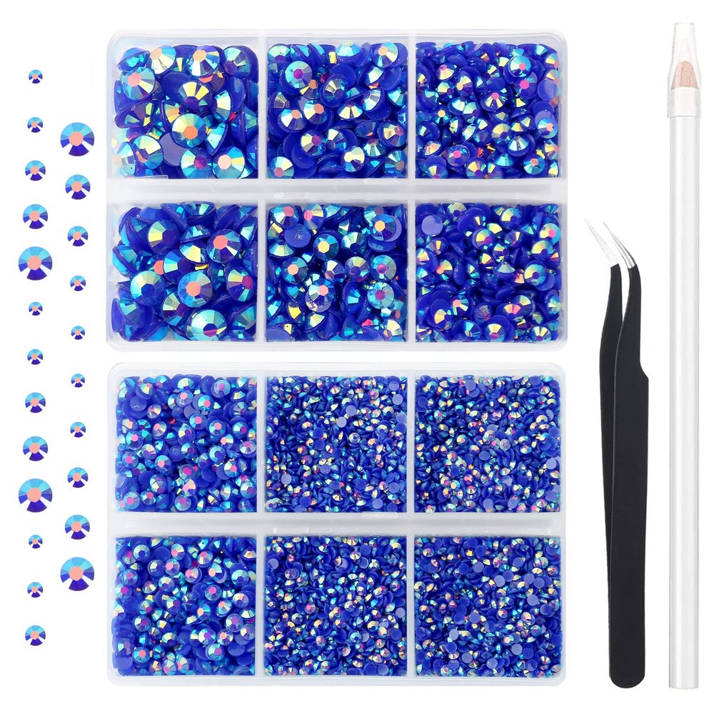 AUREHEN 10000PCs 2-6MM Jelly Sapphire AB Resin Flat Back Rhinestones, Round Non Hotfix Resin Rhinestones Nail Gems Stones with Tweezer & Picker Pen for Tumblers Nail Art & DIY Decoration