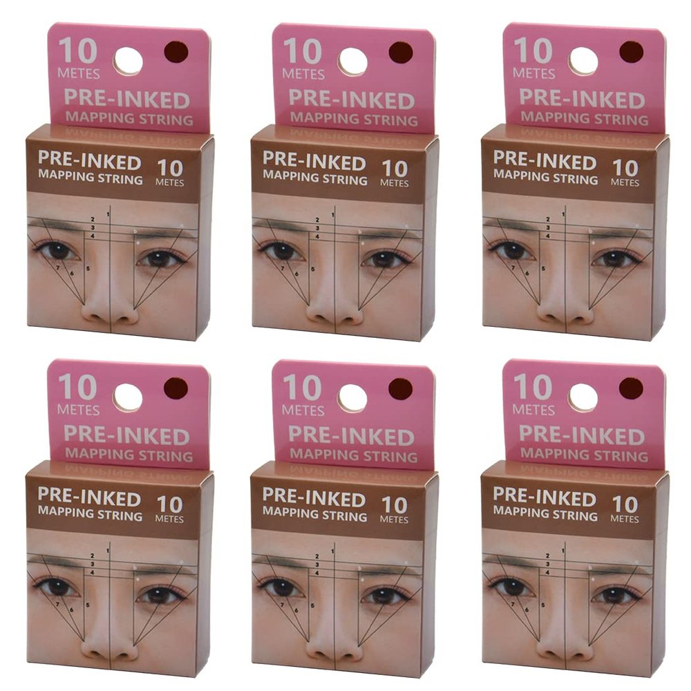 XIAOYU 10M Pre-Inked Mapping String, Eyebrow Tattoo Mapping Thread for Symmetrical Eyebrow Marking Tattoo Markers, Pack of 6, Brown Ink