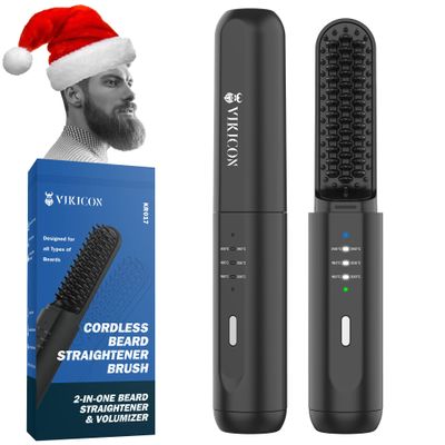 VIKICON Beard Straightener for Men: Cordless Heated Beard Brush for Men, Electric Hot Comb, Anti-Scald Mini Straightening Brush for Beard Grooming, Portable for Travel and Home Use, Gifts for Him Dad