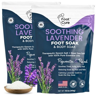 FOOT CURE Soothing Lavender Foot Soak - Pedicure Foot Spa with Epson Salts for Soaking Feet - Foot Massager Spa - Foot Scrubber Dead Skin Remover - Epsom Salt Bath Soak (Pack of 2)