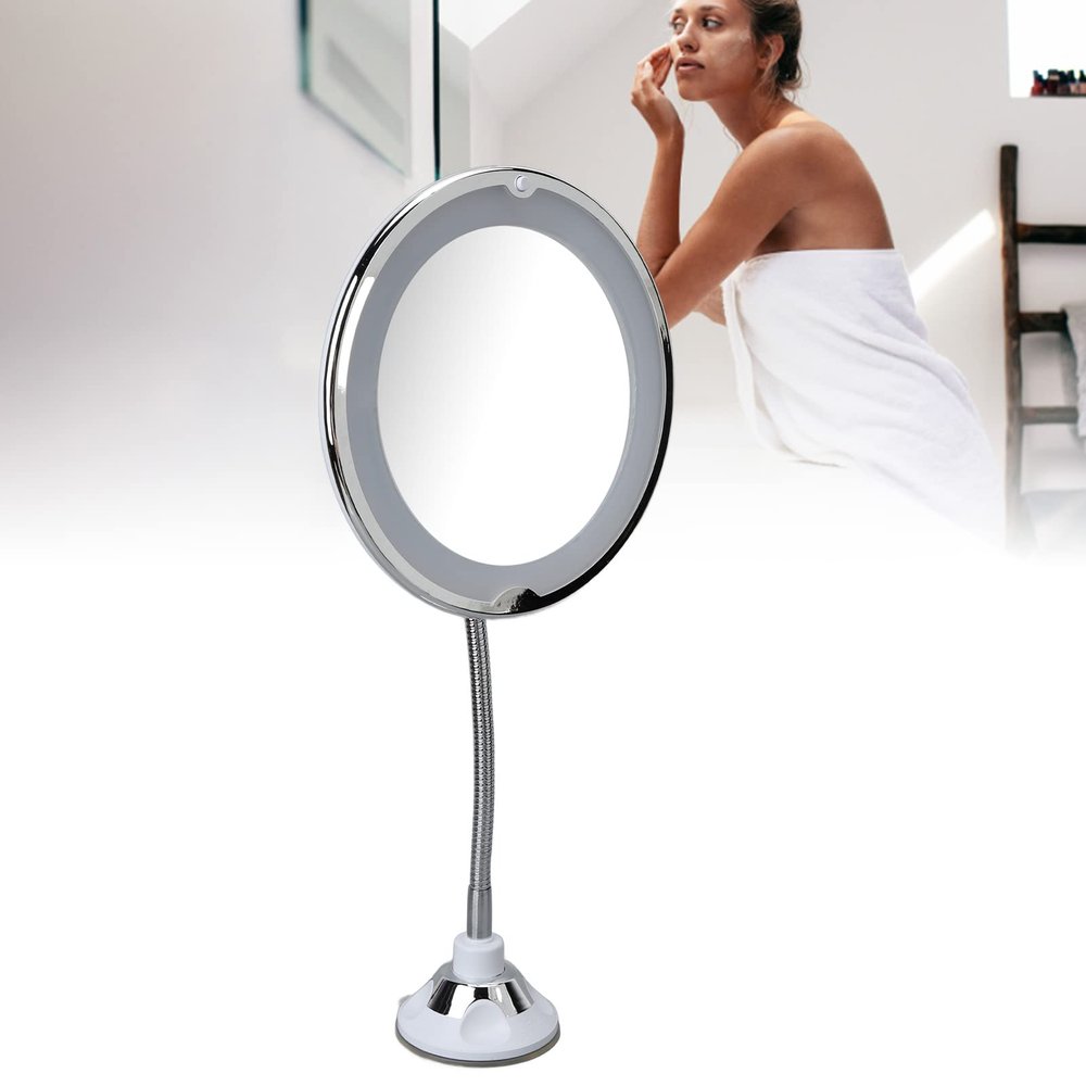 Magnifying Mirror with Light, 8 Inch Suction Cup Makeup Mirror with LED White Light 10X Magnify Suction Cup Cosmetic Mirrors Flexible Mirrors for Bathroom Shaving Travel Vanity