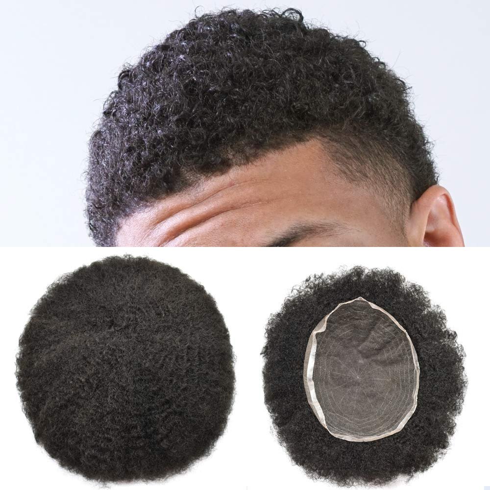 Afro Mens Toupee Full Swiss Lace Kinky Curly Toupee For Black Men African American Men All Lace Afro Wavy Male Prothesis Hair Replacement Systems 100% Brazilian Human Hair Man Balding Hairpieces (4MM AFRO WAVE, 1# JET BLACK)