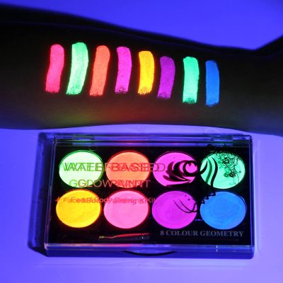 MEICOLY Neon Face Paint,UV Blacklight Glow Face Paint,8 Bright Colors Neon Fluorescent Rave Body Paint Palette,Water Activated Eyeliner,Water Based Glow In The Dark Halloween Washable for Kids Adults