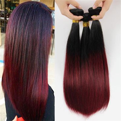 Brazilian Straight Hair Extension Ombre Burgundy Color Sew in Hairstyle for Black Women, 3 Bundles 300 Grams Pack (24 24 24 Inches)
