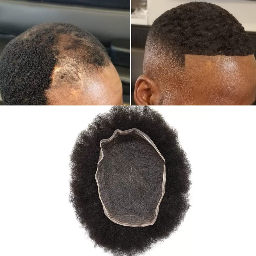 Afro Mens Toupee Full Swiss Lace Kinky Curly Toupee For Black Men African American Men All Lace Afro Wavy Male Prothesis Hair Replacement Systems 100% Brazilian Human Hair Man Balding Hairpieces (4MM TIGHT CURL, 1# JET BLACK)
