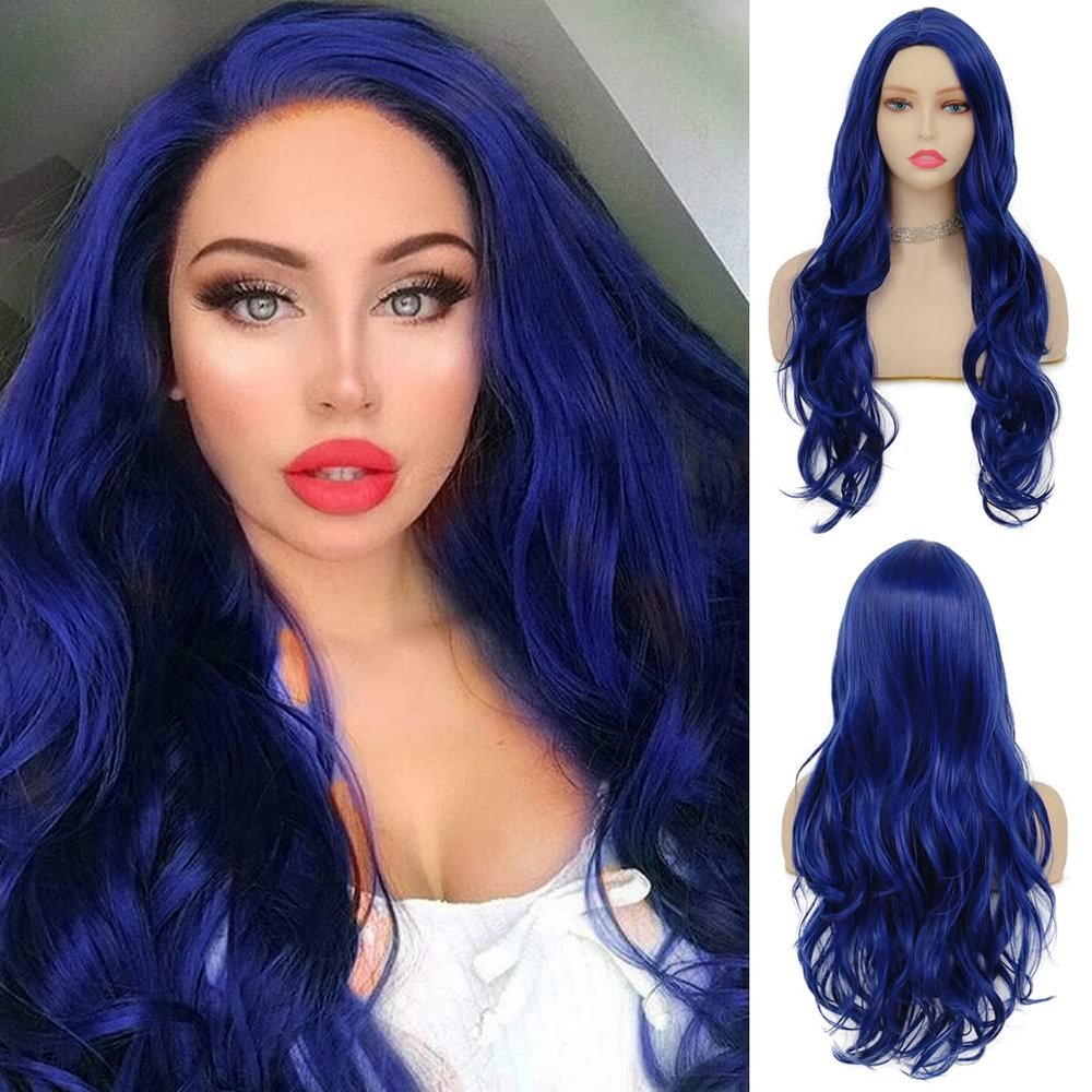 Tseses Blue Curly Wavy Long Wigs for Women Side Part Cosplay Halloween Soft Synthetic Fiber Hair Replacement Wig (Blue)