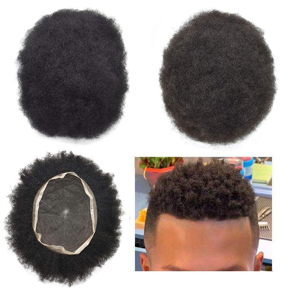 Afro Mens Toupee Full Swiss Lace Kinky Curly Toupee For Black Men African American Men All Lace Afro Wavy Male Prothesis Hair Replacement Systems 100% Brazilian Human Hair Man Balding Hairpieces (4MM TIGHT CURL, 1B# OFF BLACK)