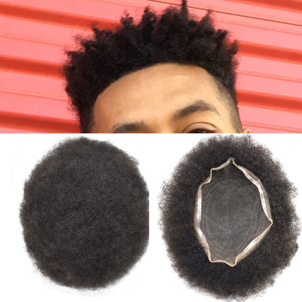 Afro Mens Toupee Full Swiss Lace Kinky Curly Toupee For Black Men African American Men All Lace Afro Wavy Male Prothesis Hair Replacement Systems 100% Brazilian Human Hair Man Balding Hairpieces (6MM TIGHT CURL, 1# JET BLACK)