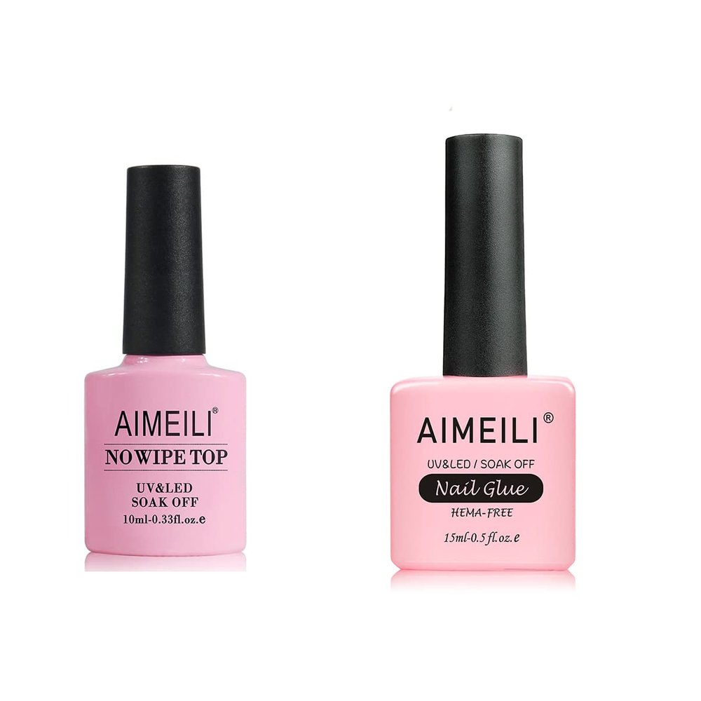 AIMEILI 2 in 1 Nail Glue and Base Gel 15ML for Acrylic Nails, and No Wipe Top Coat