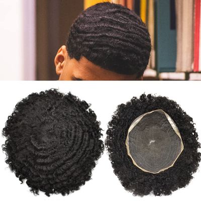 Afro Mens Toupee Full Swiss Lace Kinky Curly Toupee For Black Men African American Men All Lace Afro Wavy Male Prothesis Hair Replacement Systems 100% Brazilian Human Hair Man Balding Hairpieces (12MM AFRO WAVE, 1B# OFF BLACK)