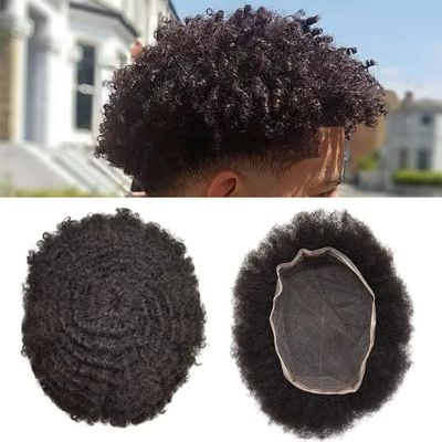 Afro Mens Toupee Full Swiss Lace Kinky Curly Toupee For Black Men African American Men All Lace Afro Wavy Male Prothesis Hair Replacement Systems 100% Brazilian Human Hair Man Balding Hairpieces (8MM AFRO WAVE, 1B# OFF BLACK)