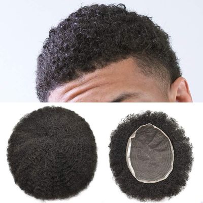 Afro Mens Toupee Full Swiss Lace Kinky Curly Toupee For Black Men African American Men All Lace Afro Wavy Male Prothesis Hair Replacement Systems 100% Brazilian Human Hair Man Balding Hairpieces (4MM AFRO WAVE, 1B# OFF BLACK)