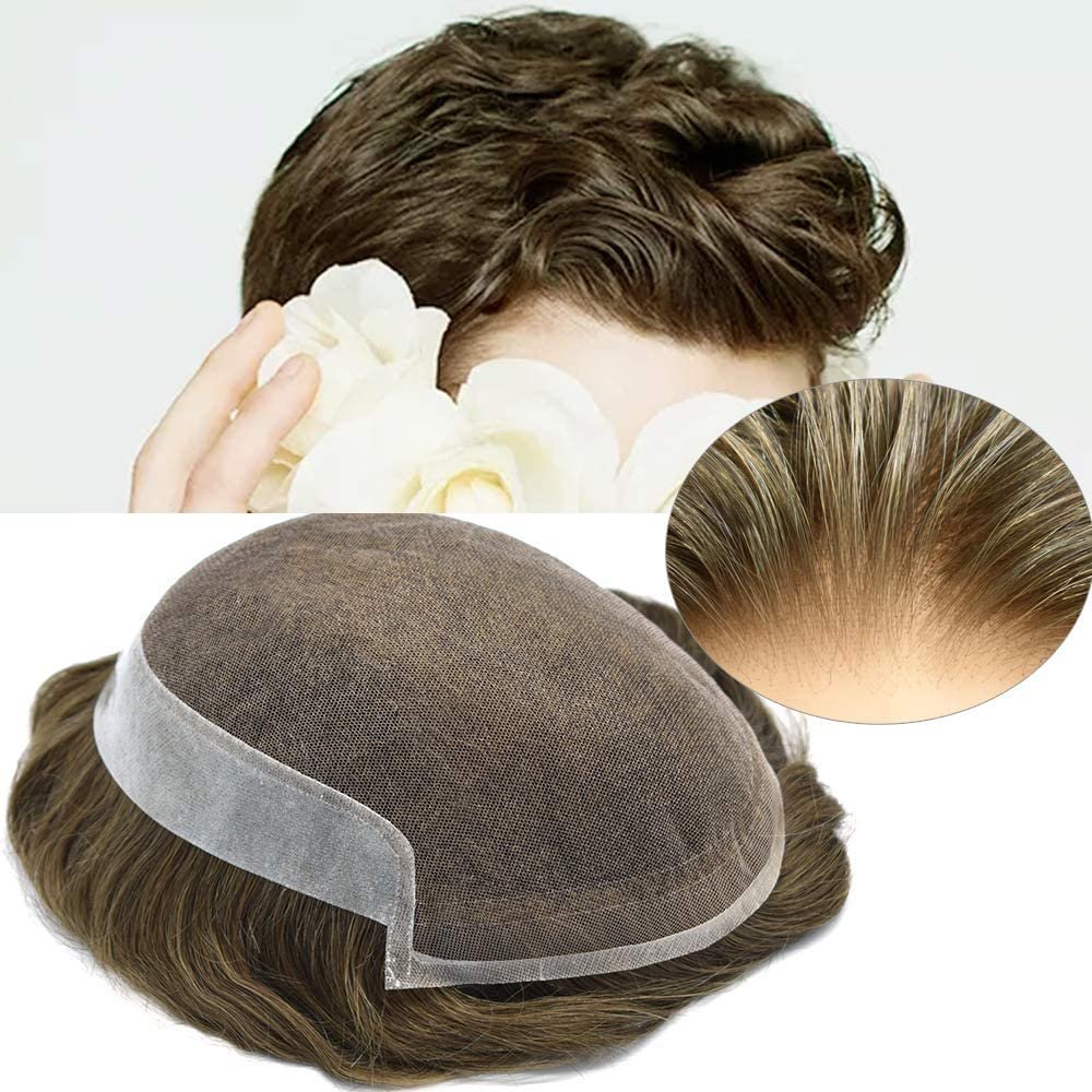Hairpieces For Men Lace Front Toupee Bleached Knots Natural Hairline Human Hair Toupee For Men Black Brown Blonde Gray Colors Men Hair Units Swiss Lace Hair Replacement System US Stock. (7X9"-100% Light to medium Density, 17# Dark Ash Blonde)