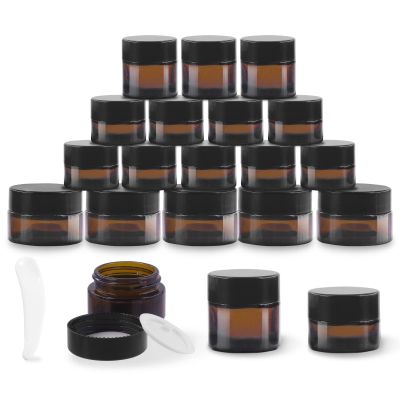 Glarks 40Pcs 5g 10g 20g Amber Glass Jars Round Containers with Black Lids and 10pcs Plastic Spatulas Kit for Makeup, Cream, Lotion, Sugar Scrubs, Eye Shadow, Slime, Paint, Jewelry