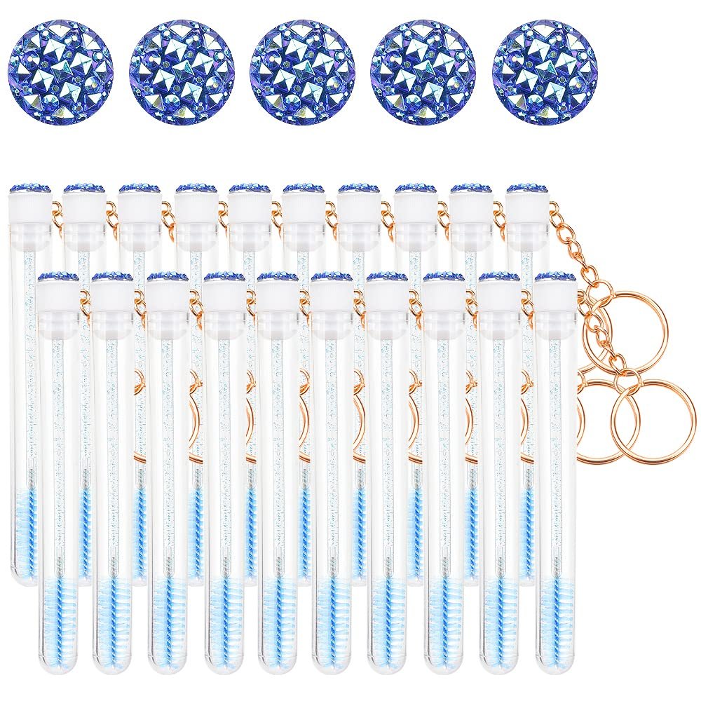 Mekupeu 20 Pcs Mascara Wand Tube Set Diamond Key Chain Tube Empty Mascara Brushes & Eyelash Spoolies Brush Makeup Tool Applicator (Deep blue)